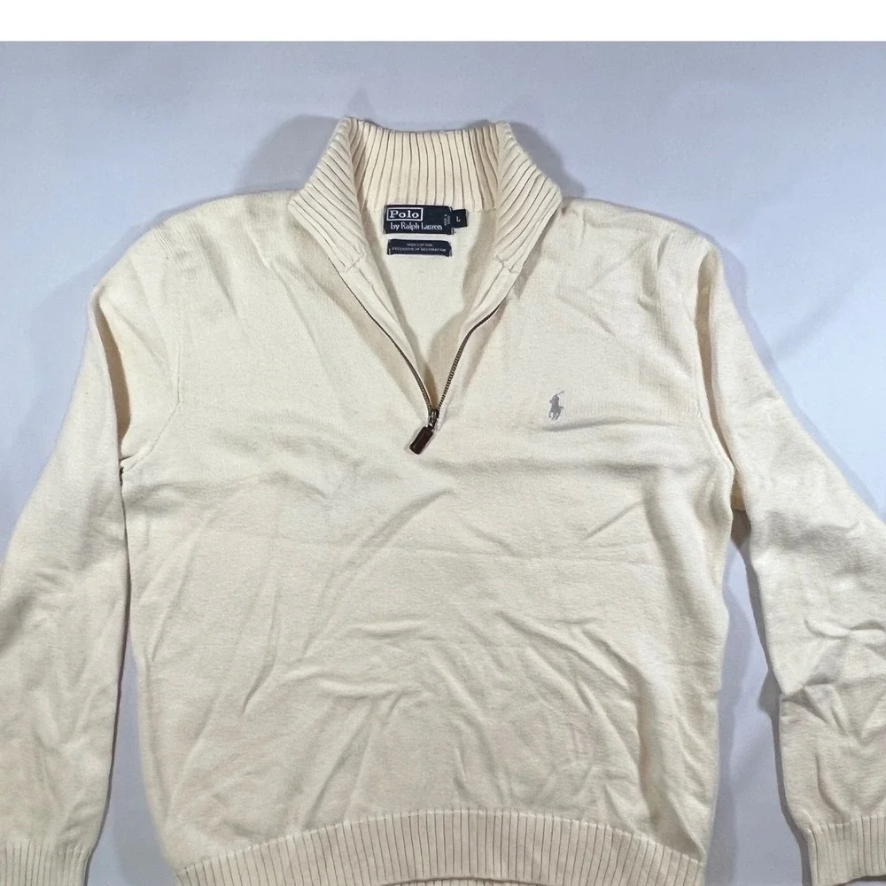 VTG Polo Ralph Lauren Quarter Zip Pullover Mens L Cream Preppy Old Money Sweater